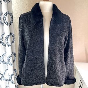 Talbots black/white fur trimmed sweater jacket Sz PL